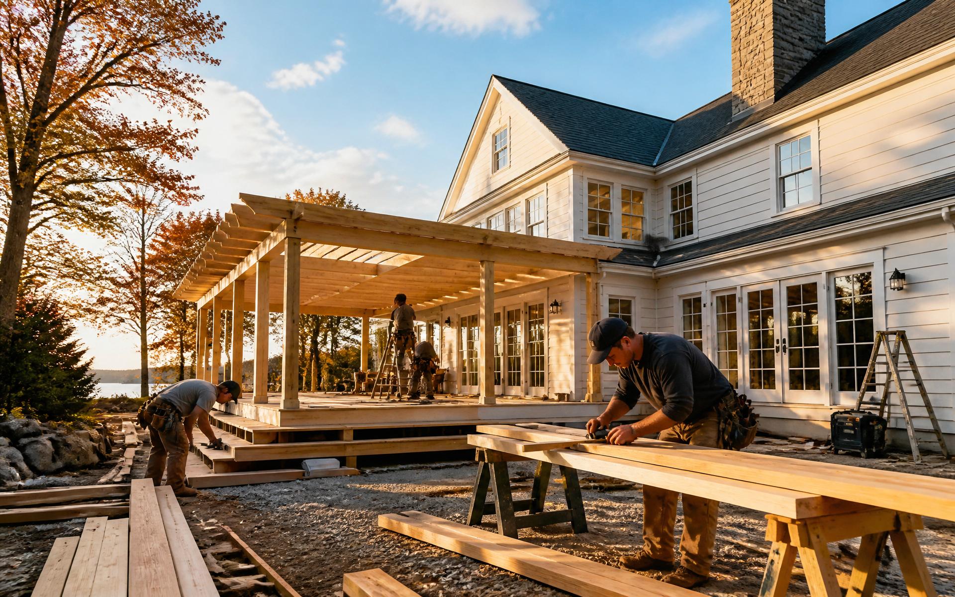 Framing crew building a deck and addition on a New England home
