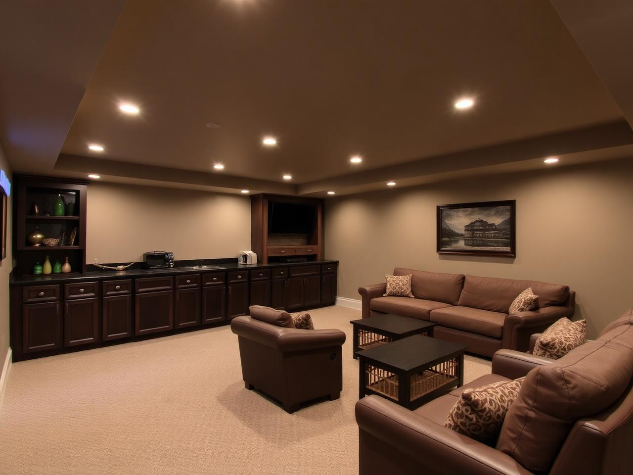 Finished basement family room with recessed lighting