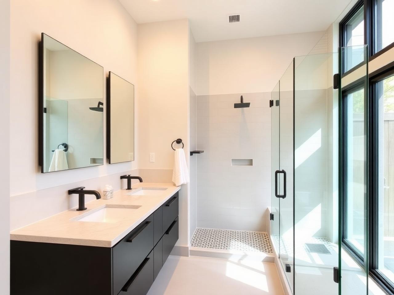 Remodeled bathroom with walk-in tiled shower and floating vanity