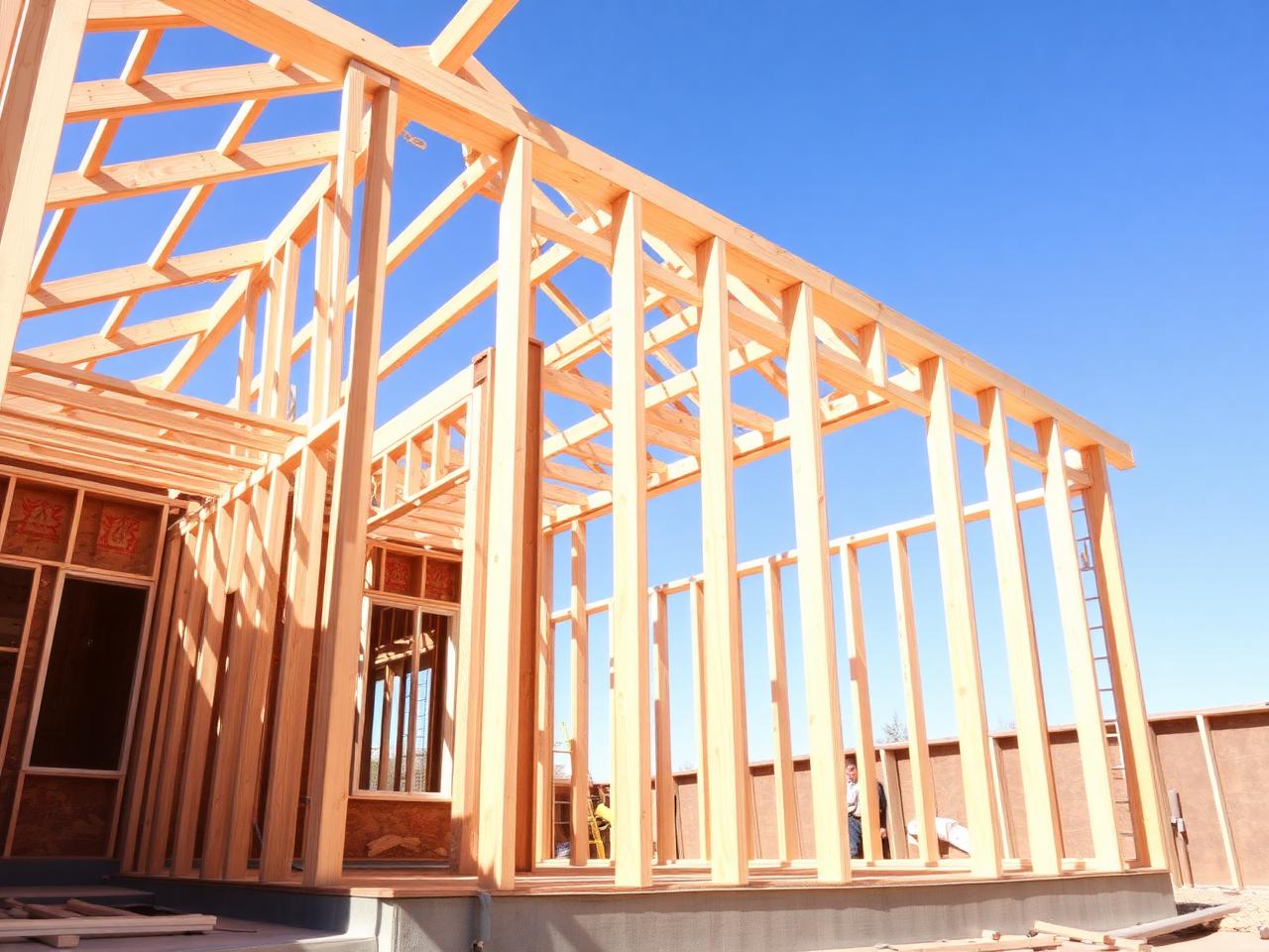 New home framing under construction on a sunny day