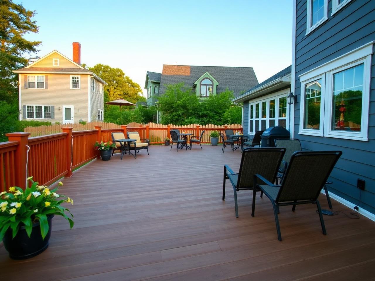 Newly constructed composite deck at back of a New England home