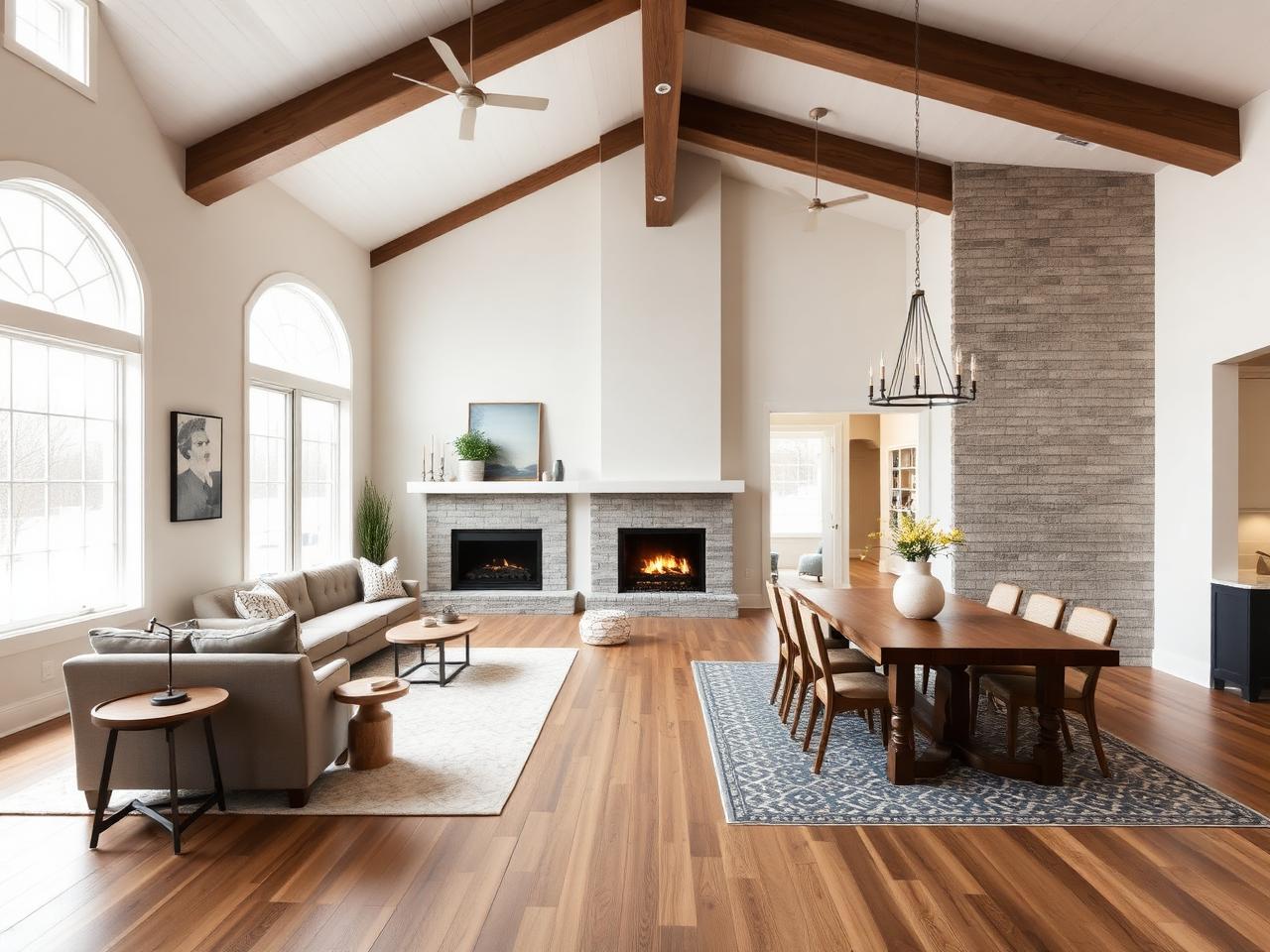 Renovated open living room with fireplace and dining area