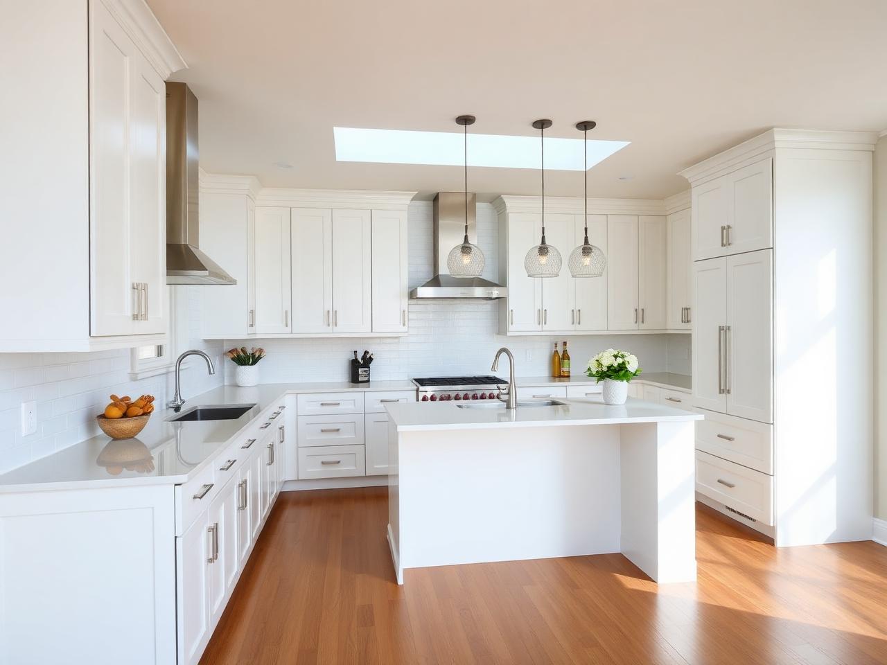 Renovated kitchen with white cabinets and quartz island